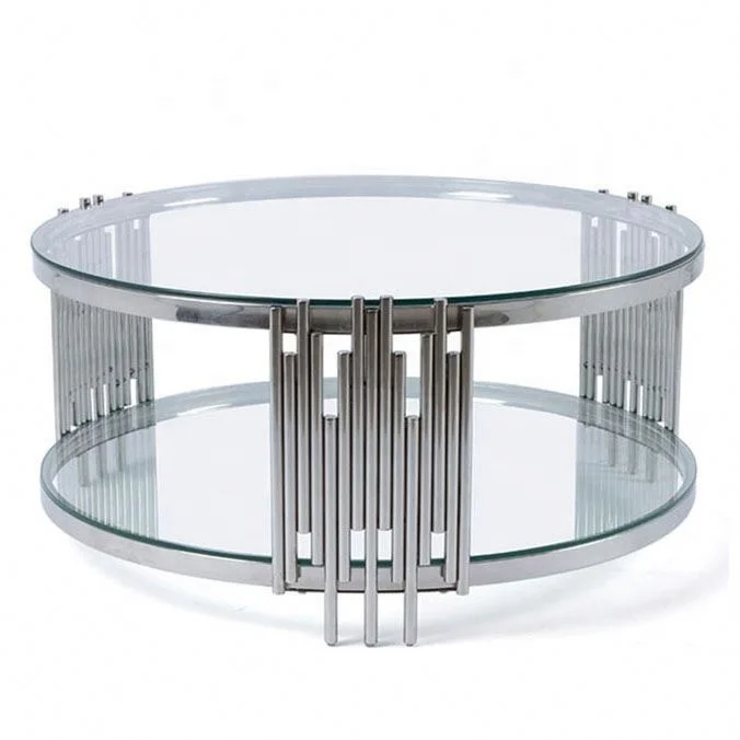 Luxury Round Coffee Table Sets Living Room Stainless Steel Furniture Black Glass Centre Coffee Table