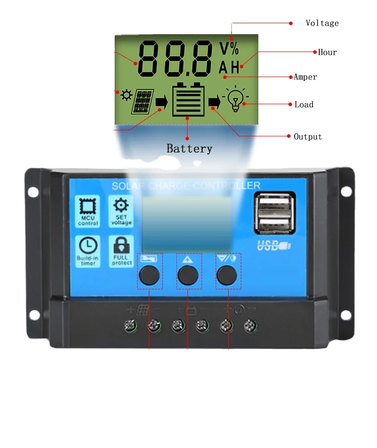 Smart Solar Panel Controller Regulator 24V 12V DC Output Bulb 10A 20A 30A Manual PWM Solar Charge Controller