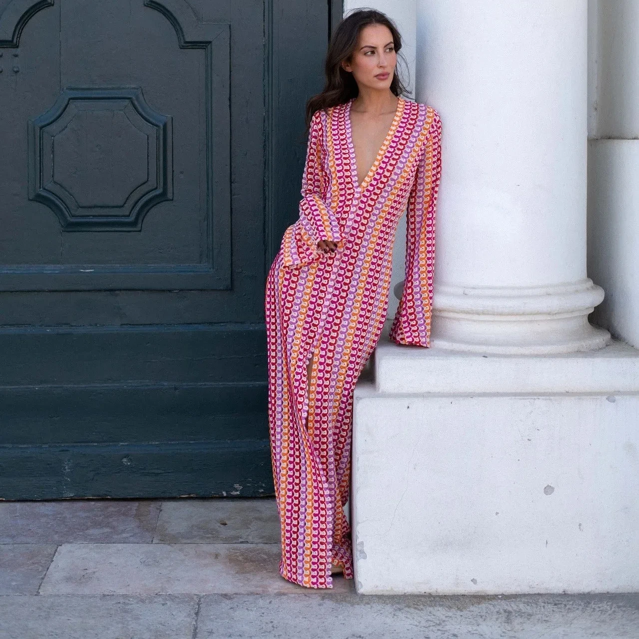 Women Knit Split Flare Sleeved Maxi Dress Elegant Fashion Sexy Deep-V Hooked Crochet Robes Female Club