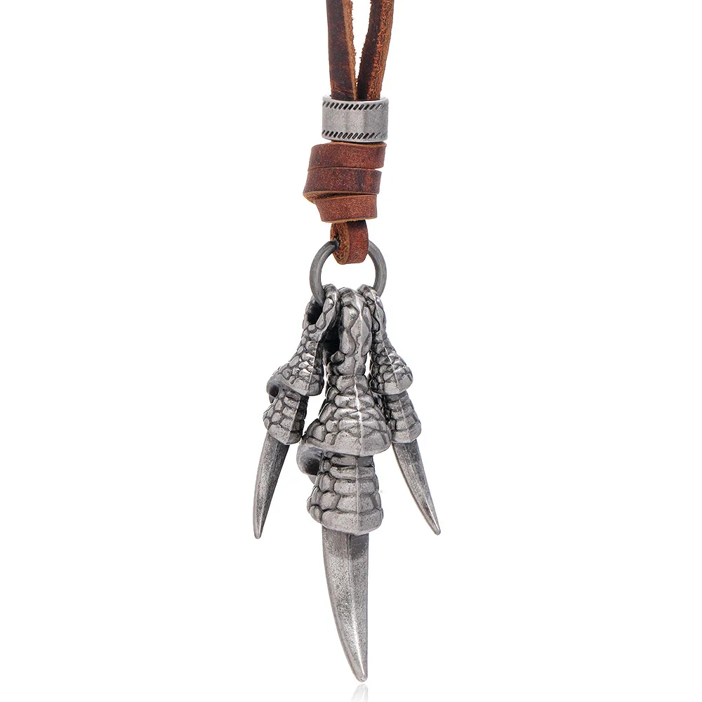 Genuine Leather Cord Chain Jewelry Vintage Paw Pendant Necklace Mens Charm Brass Retro Bronze Necklace