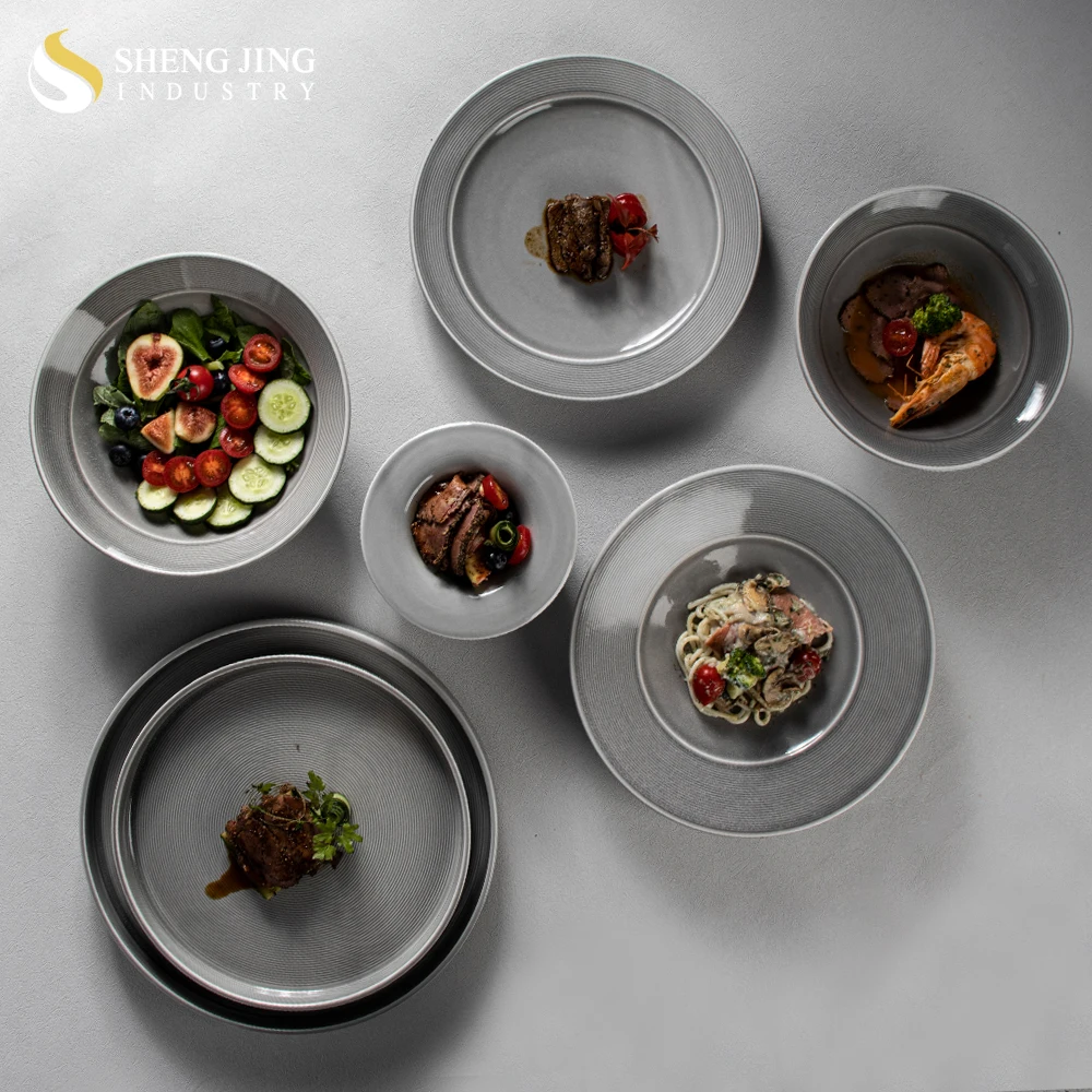 Wholesaler Stock Sustainable Kiln Gray Glaze Ceramic Tableware Hotel Catering Porzellan Platos Dinnerware Sets Restaurant Use
