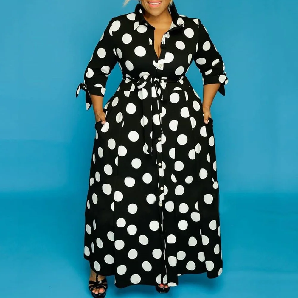 Summer Polka Dot Printed Vintage Sashes African Women Office Career Dress