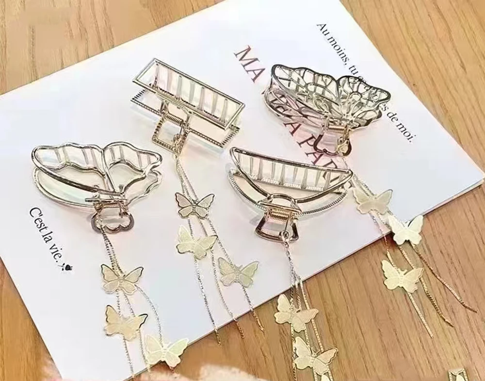 2024 Women Gold Geometric Butterfly Hair Claw Vintage Long Pendant Hair Clips women fashion Hair Accessories