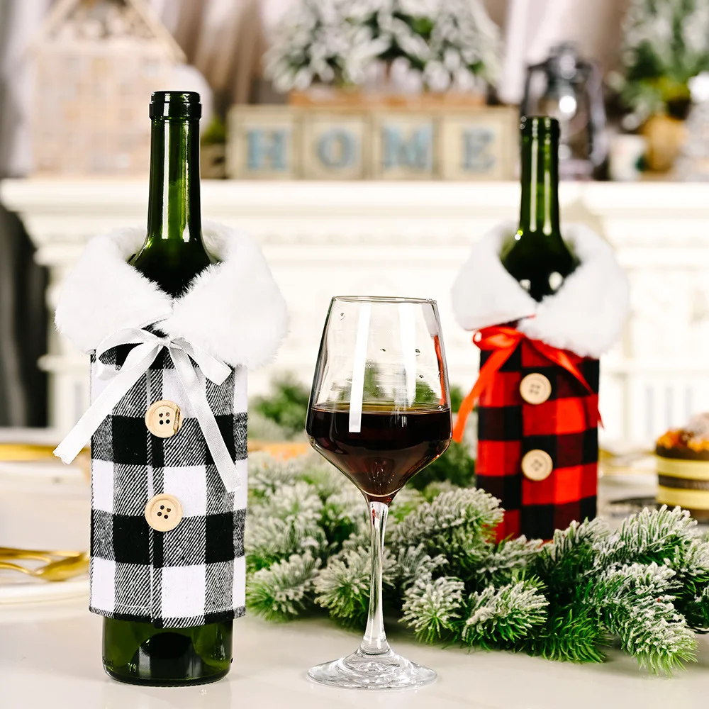 New Christmas Wine Bottle Decoration Lapel Plaid Wine Bottle Sleeve Holiday Party Table Decoration Wine Bottle Sleeve