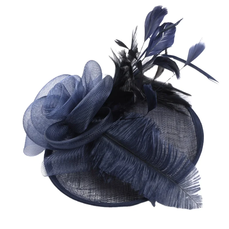Colorful Flax Ostrich Feather Banquet Women Hats Mesh Flower Bridal Wedding Headwear Church Top Cap for Four Season
