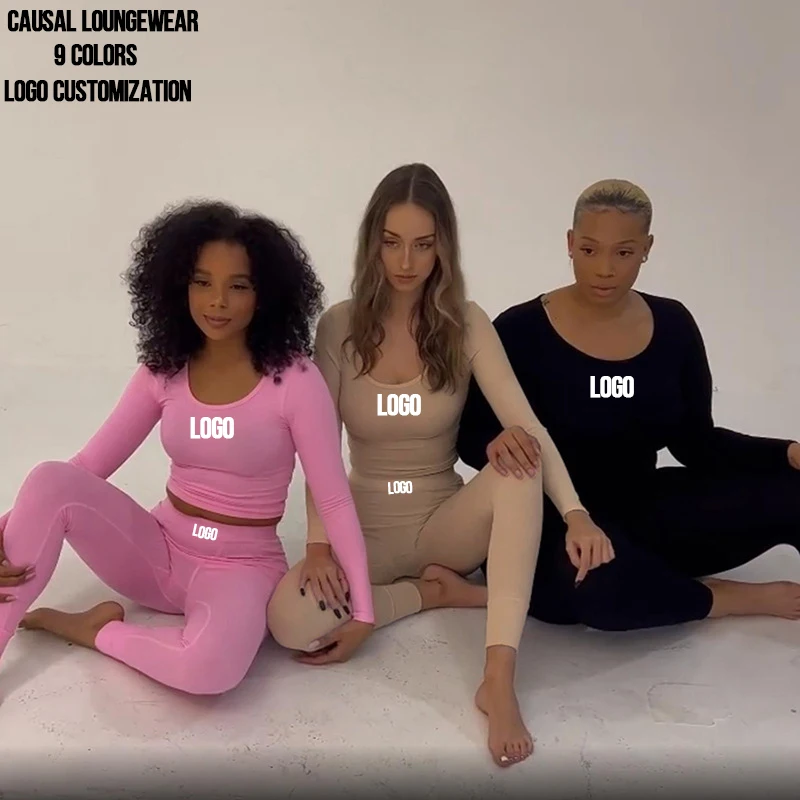 2024 Women Casual Clothes Long Sleeve Soft T-shirt Solid Slim Ribbed Comfy Set Full Custom Logo 2-Piece Loungewear