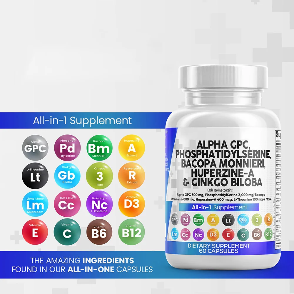 Alpha GPC Capsule ALL IN ONE Phosphatidylserine Bacopa Monnieri Huperzine-A Ginkgo Biloba Capsules