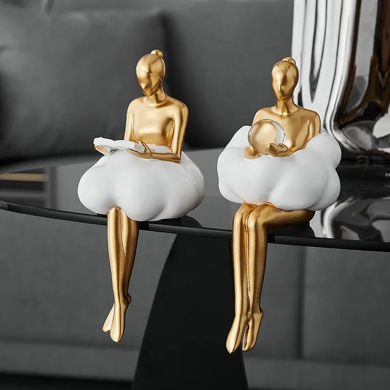 Modern Golden Cloud Girl Sculptures And Statuettes Figurines Knick-Knacks Room Decor
