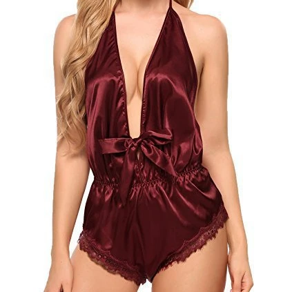 
2021 New Arrivals Women Lingerie V Neck Nightwear Satin Silk Sleepwear Lace Chemise Mini Body Teddy Lingerie 