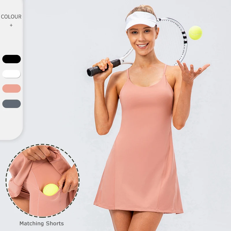 Nude Soft Feel 80 Nylon 20 Spandex Yoga Golf Sports Pocket One Piece Fitness Girls Strap Badminton Tennis Dress