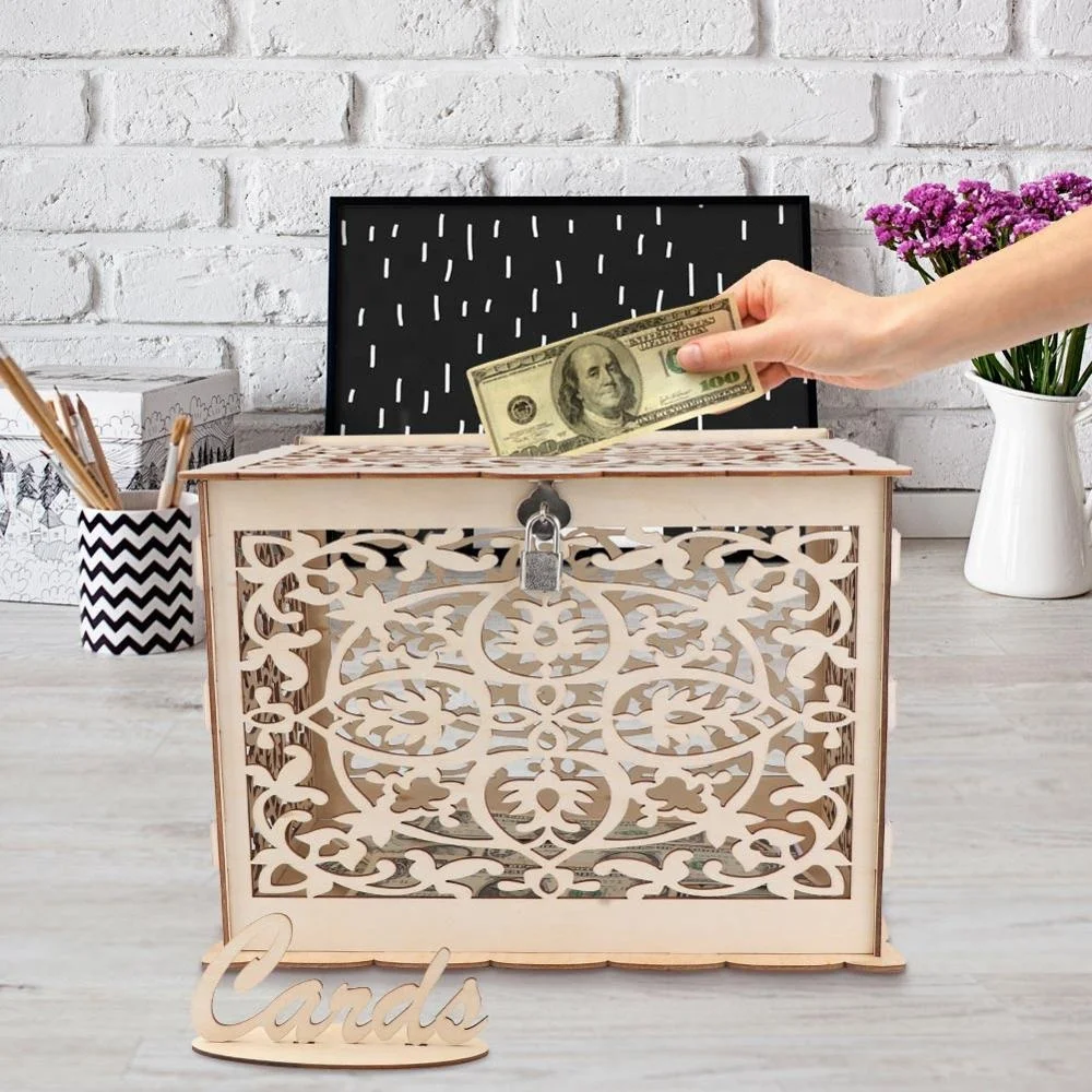 OurWarm Beautiful Wedding Decoration Wooden DIY Wedding Gift Card Box With Lock For Rustic Vintage Wedding Party