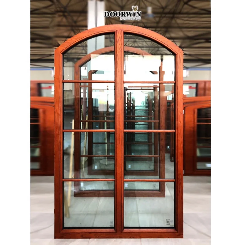 Doorwin Wholesale Pattern Design Wooden Window With Double Glazing Glass Oak Wood Round Arch Top Casement Window