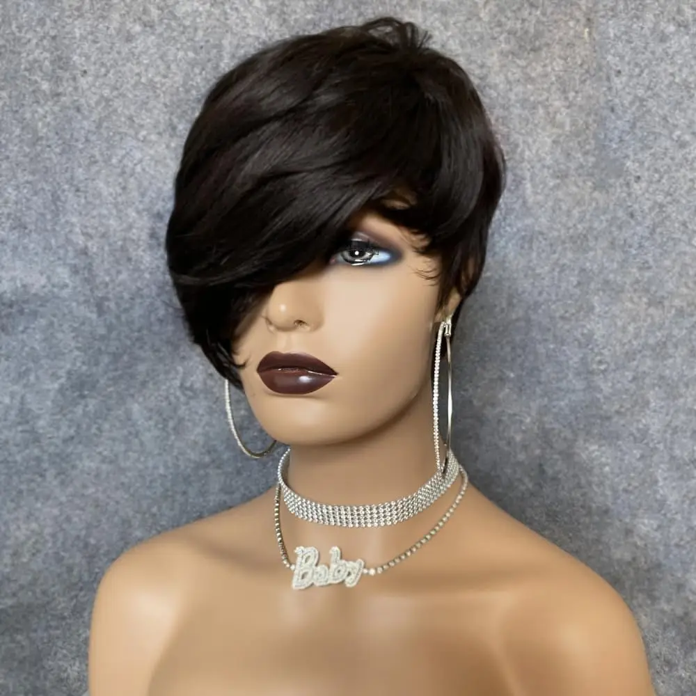 Fashion Pixie bob Cut short Human Hair Bob Wig with Long Bangs for black women can be dyed