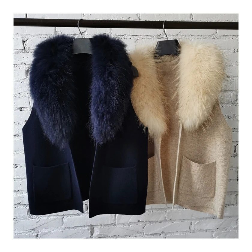 New Arrival Ladies Wool Blended Knit V Neck Vest Sweater With Removable Real Fur Collar