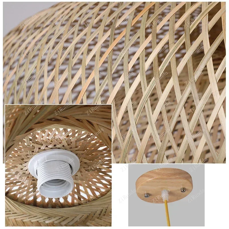 With LED Bulb Rattan Wicker Wood Pendant Light Ceiling Lustre Chandelier Hanglamp Hand Craft Home Living Bed Room Decor