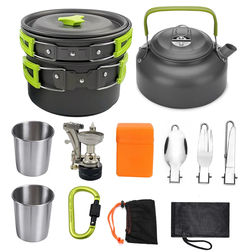 Hot Selling  9 in 1 Portable Kettle Cooker Combination Outdoor Camping Tableware Cooking Set With Accessories