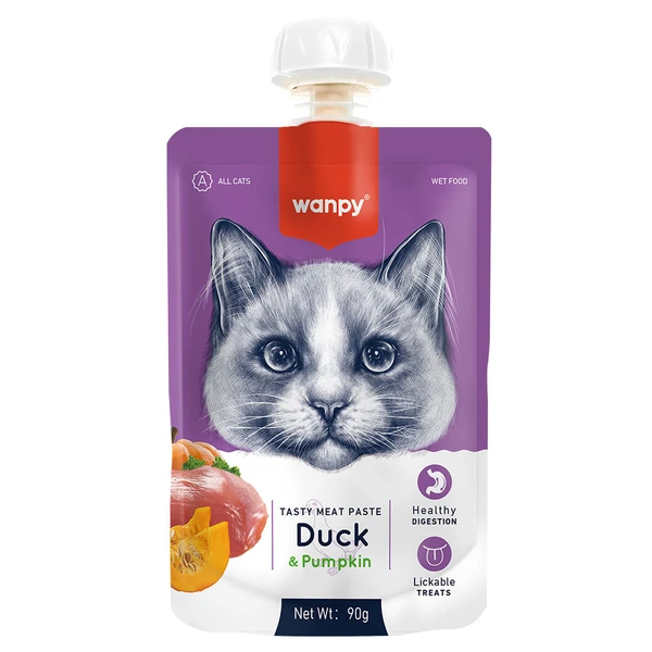 Wanpy Tasty Meat Paste Cat Treat10 Pieces Fresh Duck with Pumpkin for All Size Cats Treat 90 gr  Wet Food