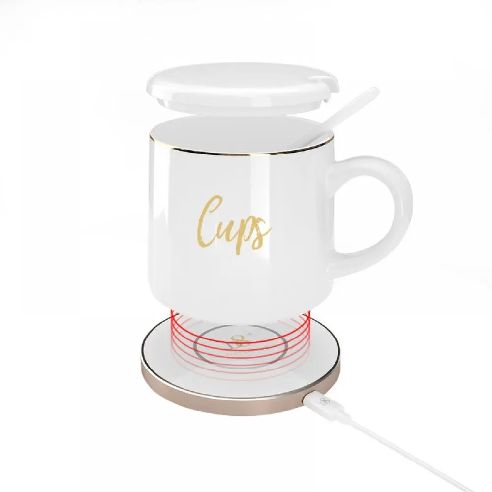 Customized White Ceramic Tea Cup Mug Warmer Wireless Charging Self Heating Smart Coffee Mug Gift Box Set