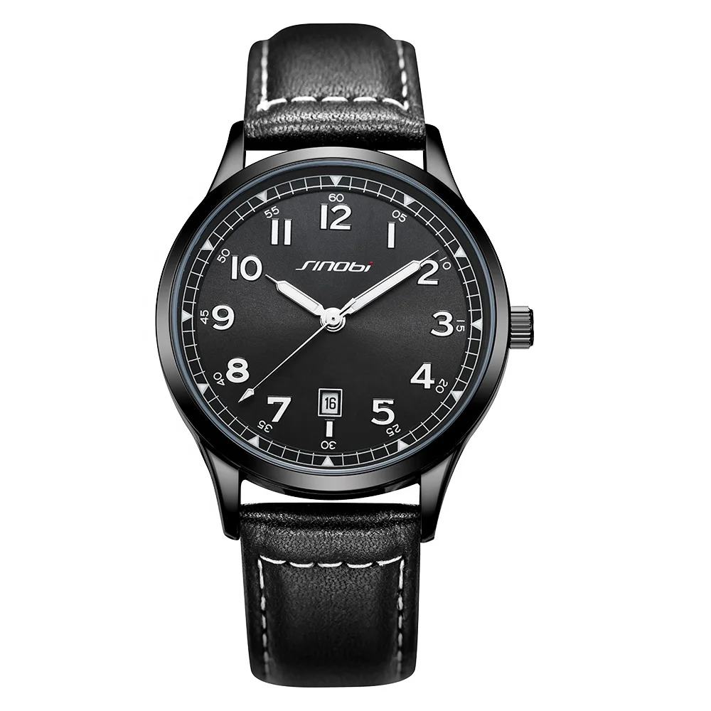 SINOBI Simple Man 3ATM Waterproof Quartz Watches Genuine Leather Chinese Factory Free Gift Box Jam Tangan Kuarsa