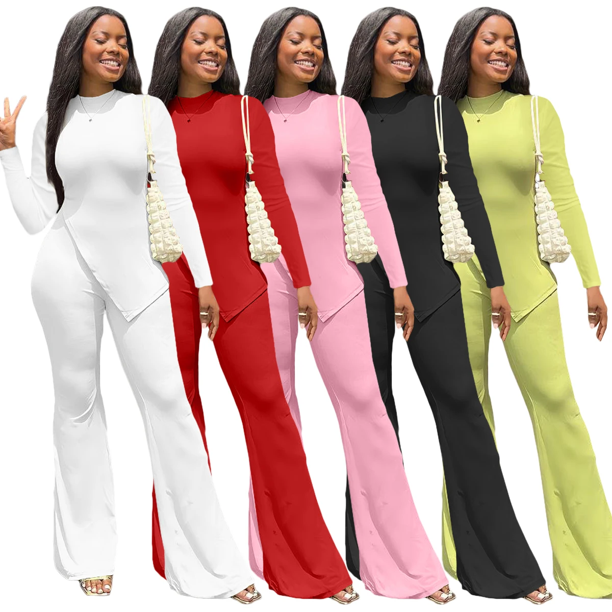 Custom logo 2 piece set women fall 2022 solid color Irregular long sleeves top and pants cotton set women clothing F199