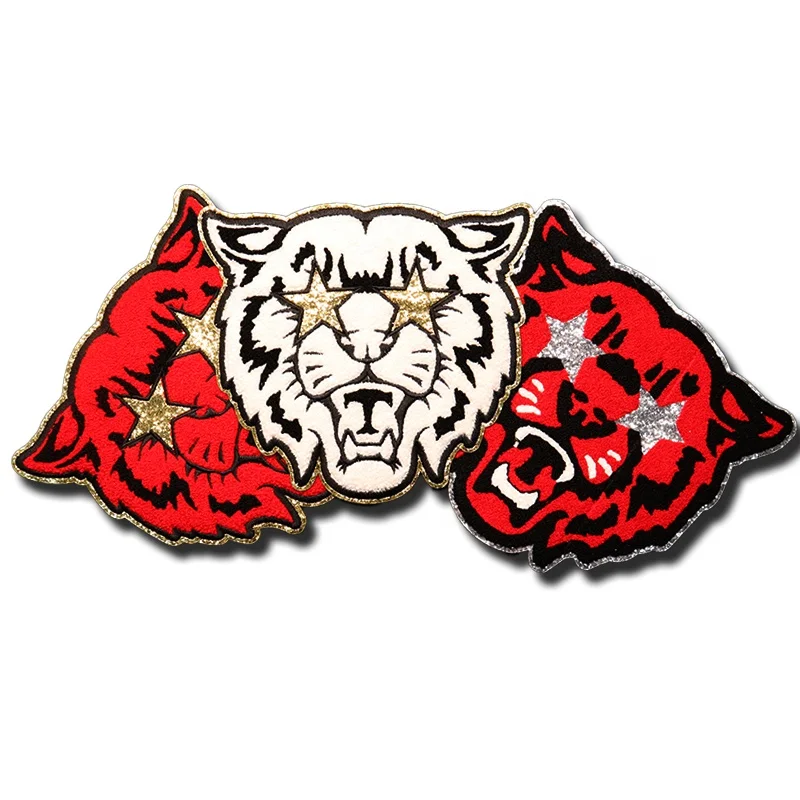 Custom Pink Glitter Iron On Patch Designer Patch Sew On Chenille Embroidery Tiger Patches For Clothing