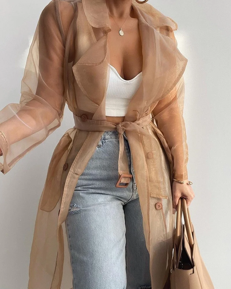 LW new product ideas 2022 modest organza fabric spring solid color loose jacket long cardigan sexy top for women blouses shirts