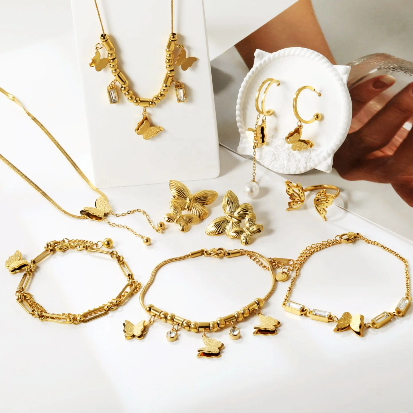 Stainless Steel Butterfly Jewelry Set OEM New Trend Butterfly Design Series Necklace Bracelet Bangles Earrings Rings For Women