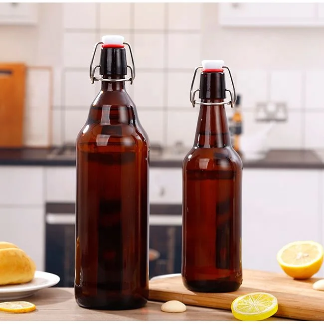 500ml empty liquor clasp lid beer glass bottle 35oz clear glass beverage clasp bottle with fastener iron clasp glass bottle