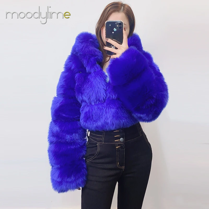 Moodylime Custom Pink White Red Blue Brown White Purple Eco Natural Mink Fox Croptop Women Fur Coat