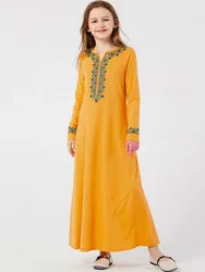 Dubai A-line Kaftan Yellow Girls Dress Spring Kids Moroccan Abaya Children Muslim Dresses
