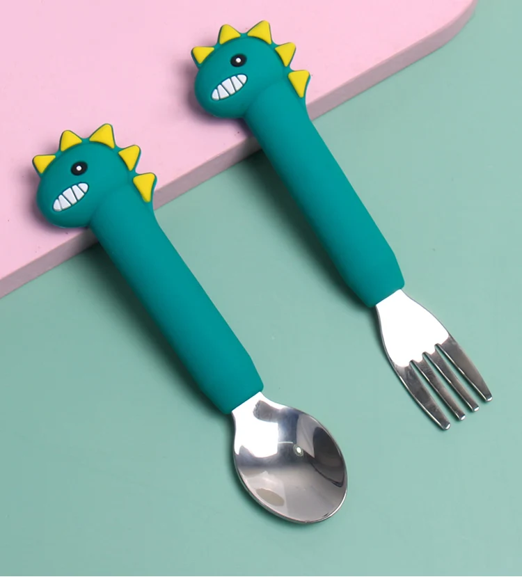 customizable Dinosaur shape baby silicone spoons forks toddler baby children feeding training spoon and fork