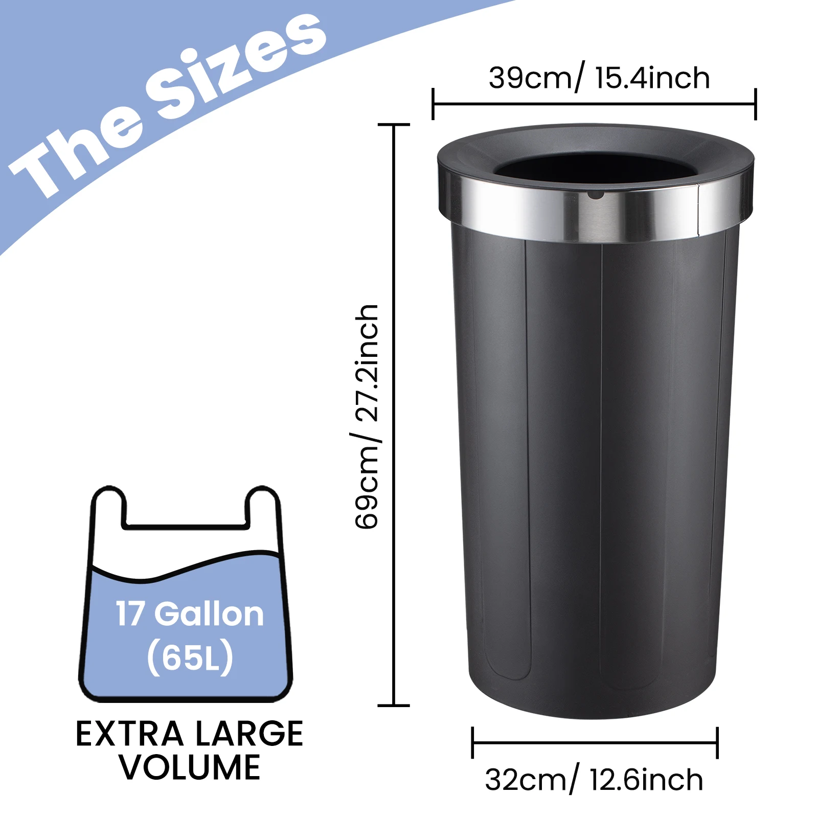 2024 OEM J&L 65L 17Gallon High Quality Black Open Top Household Trash Can without Lid for Hotel Library Durable Material Dustbin