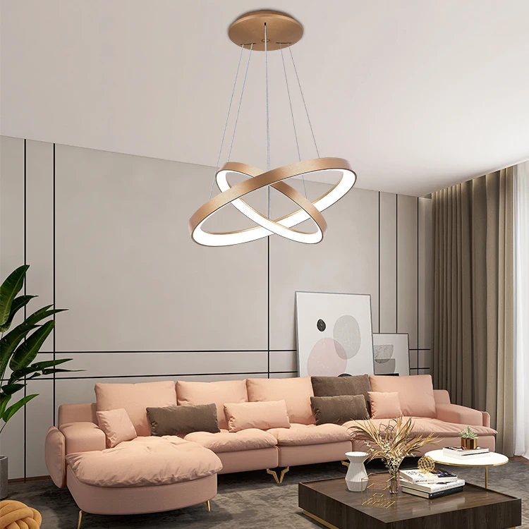 Customized Modern Hanging Lights Smart Wifi Switch Circle Ring Chandelier Silver Pendant Light