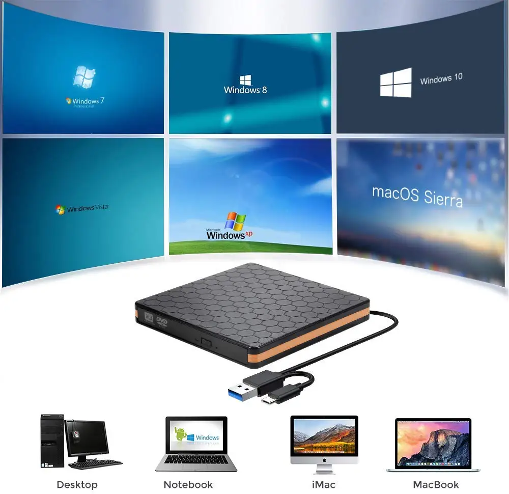 
Raycue External DVD CD Player CD-RW Burner and Reader with USB 3.0 and Type C 