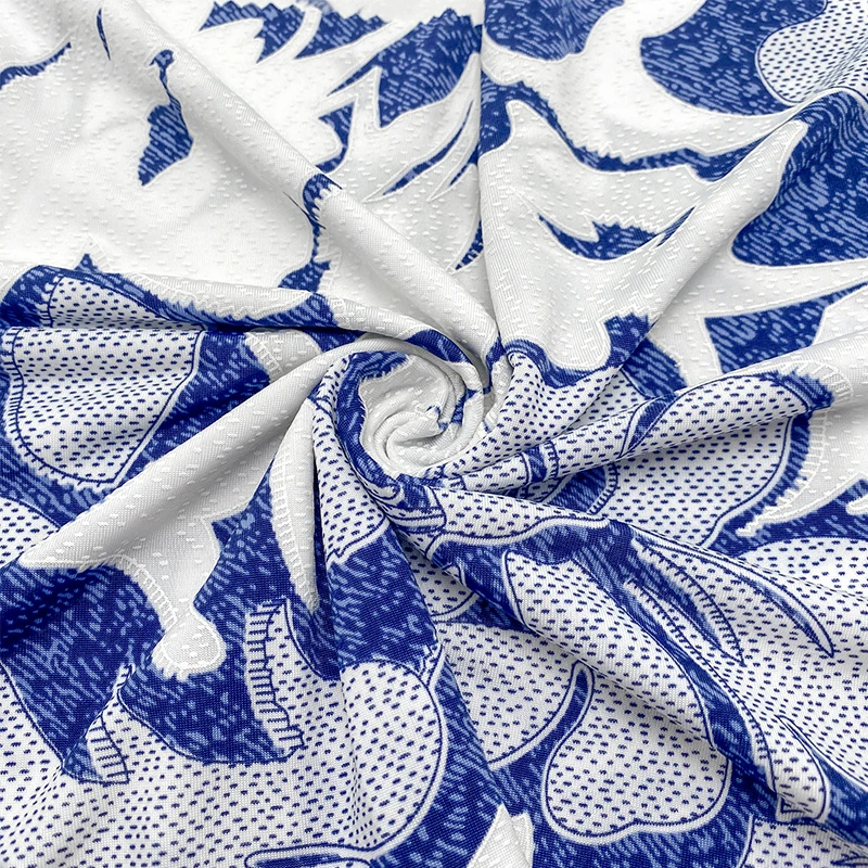 Fabric Factory Custom White and Blue Flower 3D Textured Embossed Polyester Spandex Jacquard Fabric for Garment Dress