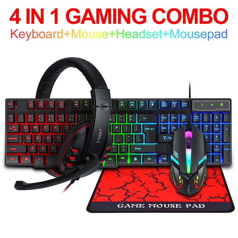 LED 4 in 1 Gaming Keyboard And Mouse Headset Mouse Pad Keyboard Ergonomic Light Mechanical TF800 4 in 1 Gaming Combo Set