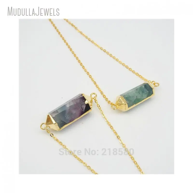 NM20705 Rainbow Fluorite Point Necklace Double Bail Hexagonal Prisms Connector Pendant Gold Plated Crystal Necklace