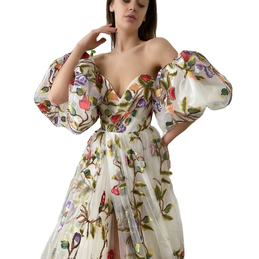 Lovely party show off shoulder long bazin riche dresses embroidery flower dress puff sleeve dress