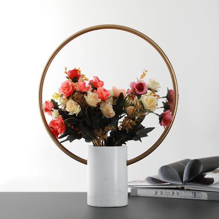 Creative Handmade Living Room Decor Luxury White Marble Iron Steel Table Centerpiece Wedding Flower Vase Decor