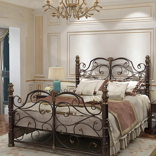 
2019 dijin Luxury Vintage Design European Style Wrought Metal Iron Bed Antique Brushed Gold King Size 