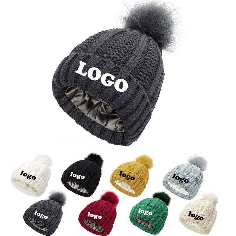 Women Winter Thicken Satin Lining Soft Faux Fur Pom Pom Customized logo Knitted Hat Beanie Skullies Caps