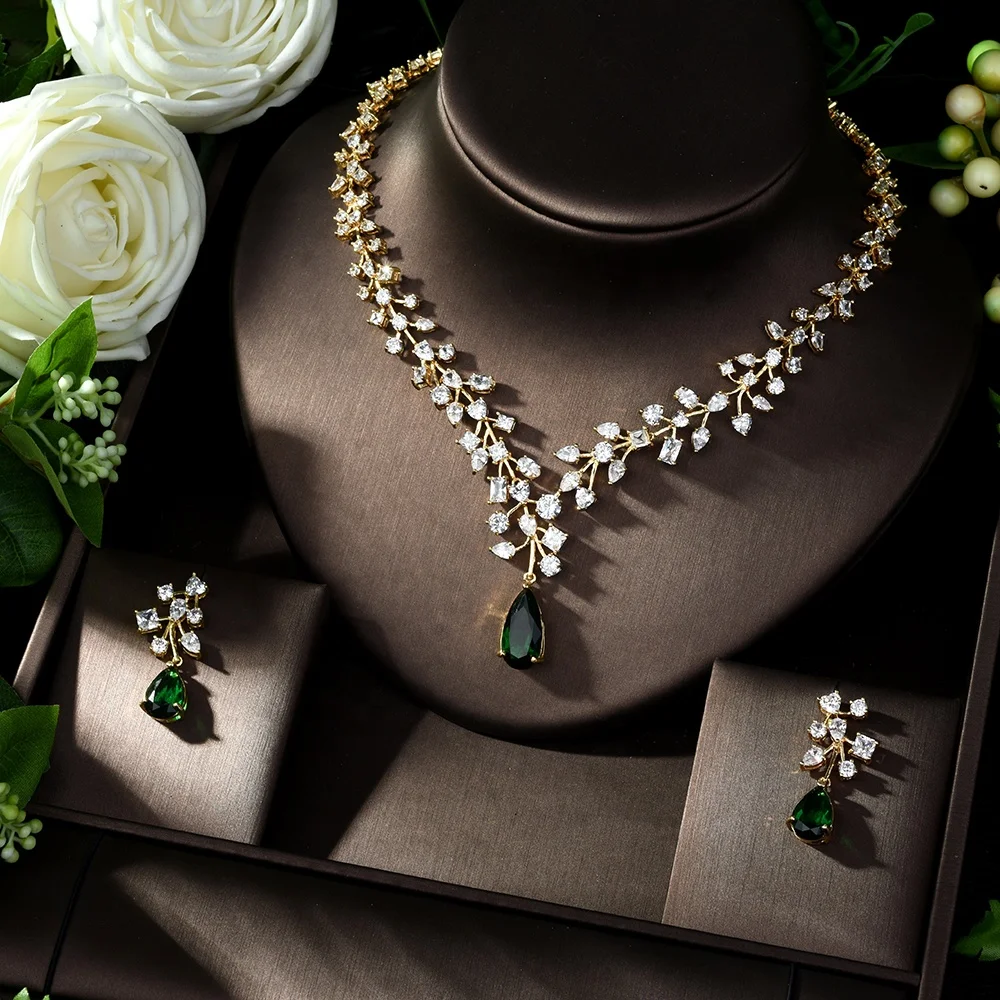 Charm Green Water Drop Dubai Sets Gold Color Layered Crystal Diamond Wedding Necklace Earrings Rhinestone Bridal Necklace Sets