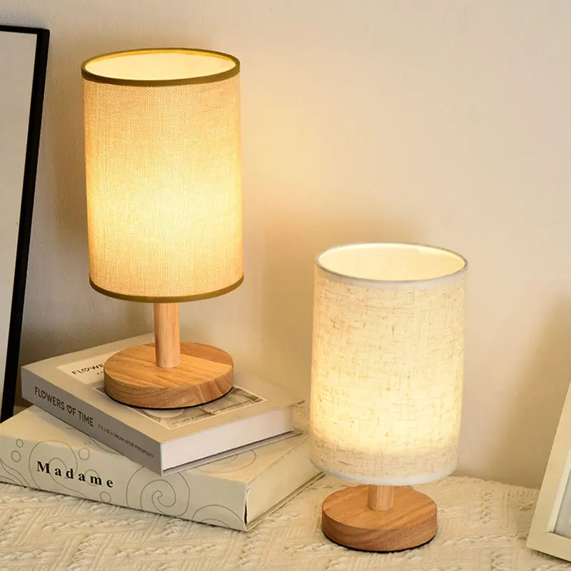 Bedroom Bedside LED Night Light Wooden Small USB Table Lamp Warm White Desk Reading Lamp with Round Fabric Shade for Kid Room