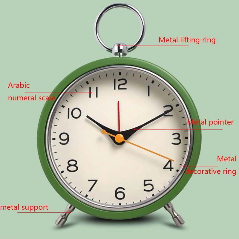 European style metal snooze alarm clock with simple hanging ring, quartz desk clock, creative luminous student pointer clock (sn
