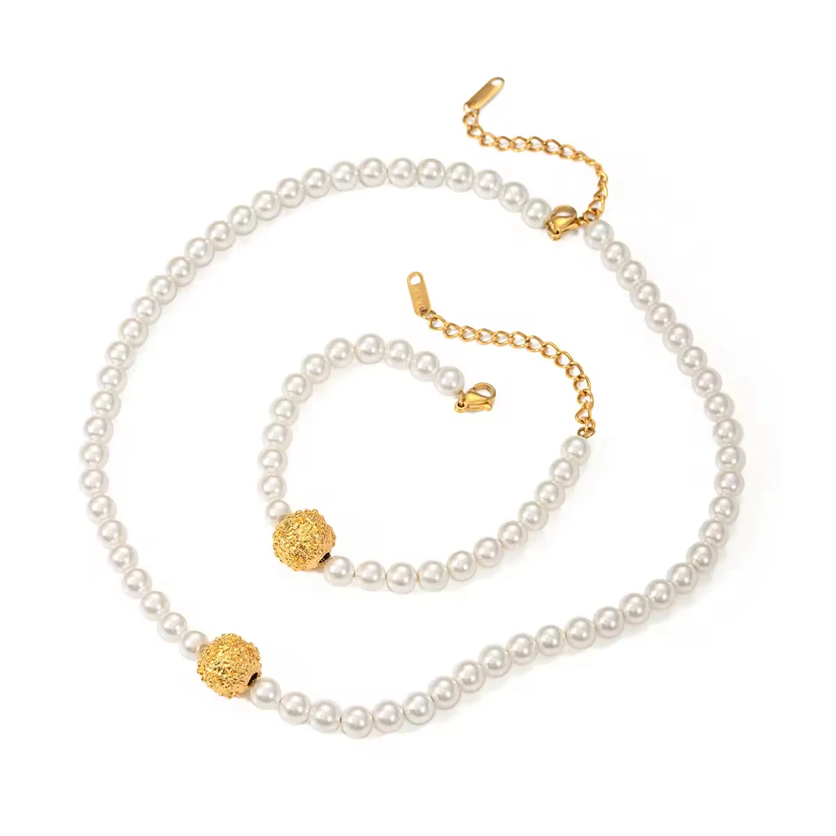 Jewelry New Trendy Elegant Hammer Relief Flower Ball Pearl Beads Choker Necklace Bracelet Sets Stainless Steel Fashion for Women