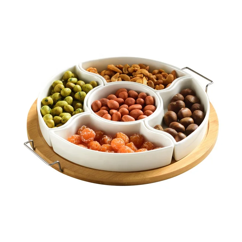 High Quality Nordic ceramic candy box with dried fruit Home multifunctional fruit salad dressing divider Bamboo and Snack plate
