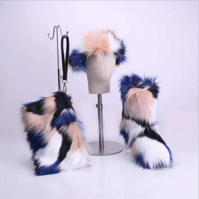 winter matching color purse headband and boots sets plush shoes mix color faux fox fur snow boots for women ladies fur boots