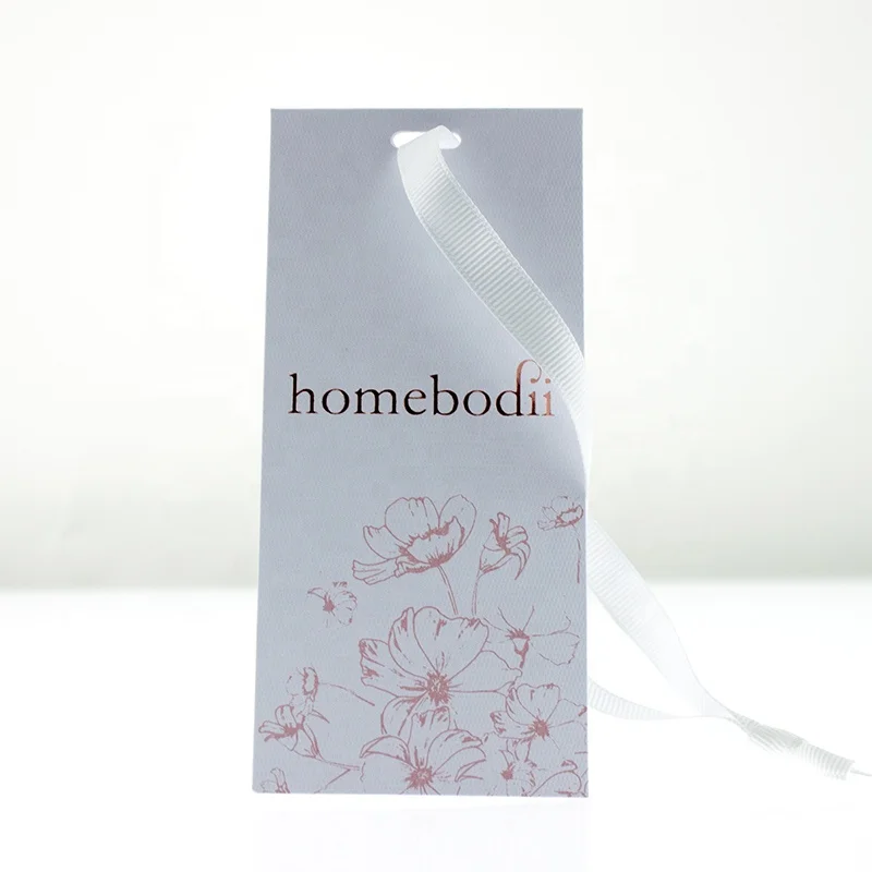 China Custom Logo Rose Golden Foil swing tag Garment Accessory Special textured Paper Hang Tag with grosgrain ribbon rope