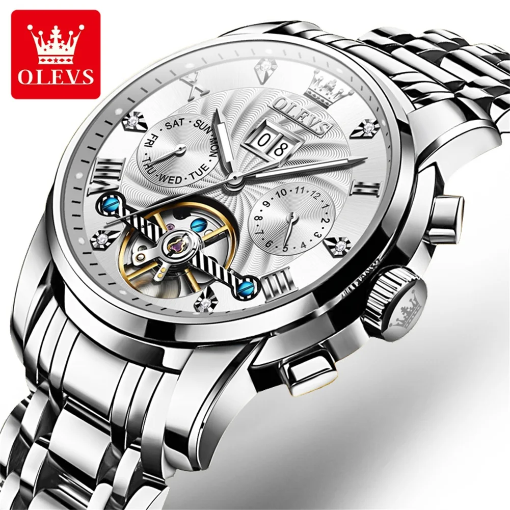 Olevs 9910 sports automatic tourbillon slef wind luxury waterproof metal classic cool stainless steel luminous Date Men Watch