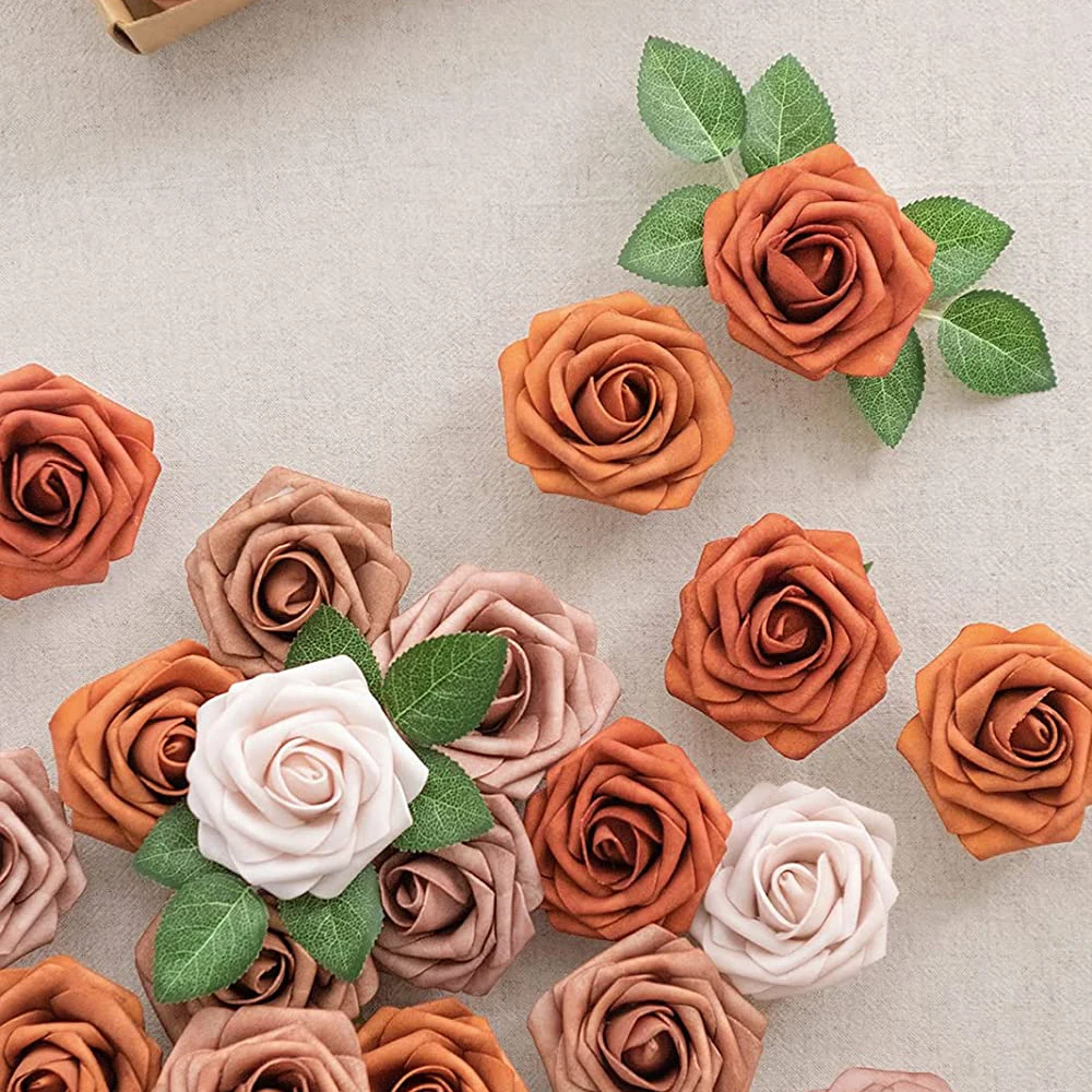 Ombre Artificial foam PE roses flowers shades of burnt orange rose for runner wedding table flower arrangement